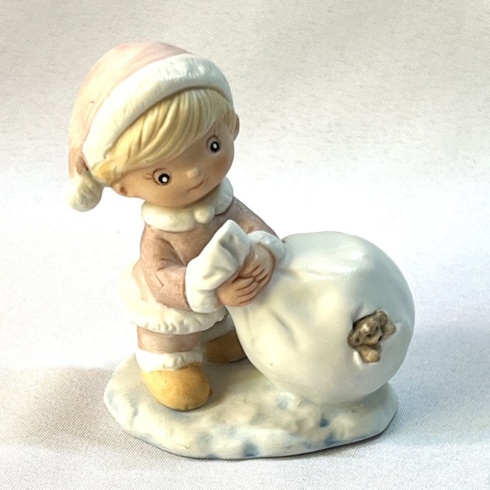 Homco Vintage Christmas Pink Elf Figurine Child Bag of Presents Holiday Decor